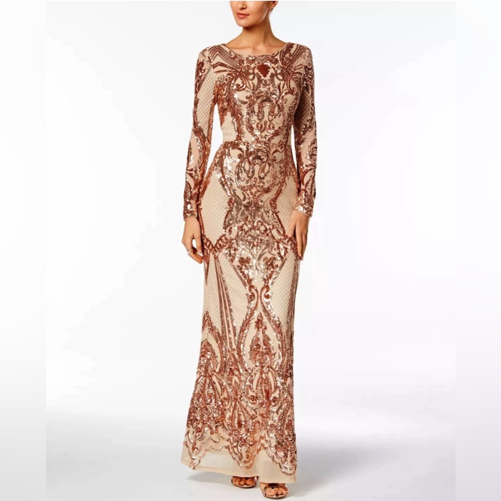 Betsy & Adam elegant vintage glamour long sleeve Sequined Gown in Champagne, 8